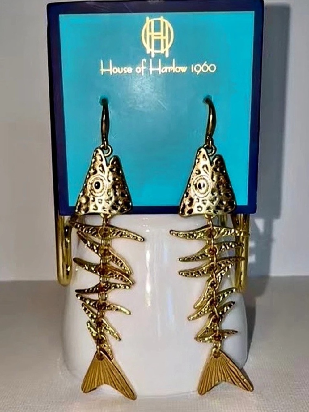 NWT House of Harlow 1960 Gold Articulated Fishbone Skeleton Drop Earrings Boho